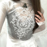 Vevesc Y2k Vintage See-through Mesh Tops White Long Sleeve Floral Graphic Tshirt Coquette Spring Clothes Women