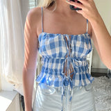 Vevesc Cute Gingham Front Tie Up Camisole Vintage Plaid Ruffle Hem Tank Tops for Women Y2K Fairy Cottage Backless Crop Tops Streetwear