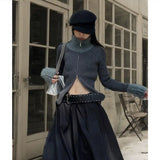 Vevesc Vintage American Y2k Aesthetic Sinple High End Sweaters Office Lady Constrast Color Zip Up Spliced Design Coats Harajuku Jumpers