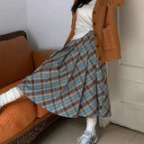Vevesc Vintage Plaid Long Skirt Women Harajuku Y2k Pleated Skirt Retro Streetwear Autumn Winter A-line Midi Skirts Aesthetics