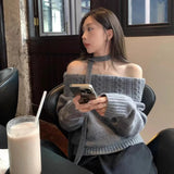 Vevesc High End Korean Office Lady Slash Neck Pullovers Y2k Aesthetic Solid Autumn Winter Harajuku Vintage Sweaters Moda Girl Clothes