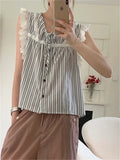 Vevesc  Sweet Stripes Tank Tops Lace Women Chic Loose Gentle Camping All Match Slim New Summer Office Lady Outwear Camis