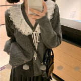 Vevesc Kawaii Cardigan Korean Style Sweet Sweater Lace Knited Tops Grey Cutecore Cardigan Sweaters Autumn Winter Aesthetics