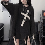 Vevesc Punk American Vinatge O Neck Sweaters All Match Y2k Aesthetic Hole Lrregular Loose Women Clothing Harajuku Girl Pullovers