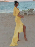 Vevesc Elegant Hollow Out See Through Women Sexy Long Sleeve Solid Maxi Dress 2024 Spring Sexy Ruched Beach Holiday Dresses