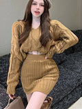 Vevesc Beige Sweater Two Piece Set Women Korean Elegant Party Mini Skirt Set Female Casual Designer Knitted Skirt Suit Autumn New