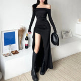 Vevesc Elegant Folds Split Dress Y2K Black Korean Slim Slash Neck Long Sleeve Midi Dress Spring Streetwear Lady All Match Dress New