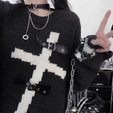 Vevesc Punk American Vinatge O Neck Sweaters All Match Y2k Aesthetic Hole Lrregular Loose Women Clothing Harajuku Girl Pullovers