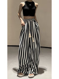 Vevesc Casual Retro Striped Print High Waist Wide Leg Pants Women's Fashion Loose Vintage Soft Full Length Trousers Summer