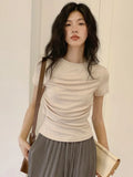 Vevesc Fairy Grunge Pleated Solid Vintage T-shirt Summer Y2k Aesthetic Short Sleeve Crop Tops Harajuku Slim Tshirt New Streetwear