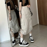 Vevesc Y2K Drawstring Parachute Skirts Women High Street Side Split Cargo Long  Female Casual Multiple Pockets Maxi