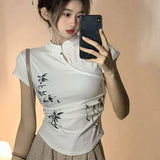 Vevesc Summer Cotton Short Sleeve Black T-shirts New Chinese Style Stand Collar Tee Shirt Y2k E-Girl Slim Fit All-match Tops Women