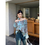 Vevesc Vintage 90S Tie Dye Shirts Women Sexy Slash Neck Flare Long Sleeve Blouses Summer Korean Elegant 3D Flower Casual Tops New