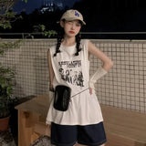 Vevesc Preppy Style Vintage American T-shirts Letter Women Mid Length Camisetas Harajuku Hip Hop Loose Ball Summer Sleeveless Vest Tees