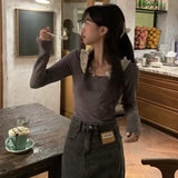 Vevesc Elegant Chic Women Short Tees Slim Fit Striped Long Sleeve Tops Tshirts Y2k Korean Sweet O Neck Edible Tree Fungus