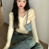 Vevesc Grunge Solid Streetwear T-shirt Spring Cross Pleated Y2k Aesthetic Sweet Tops Harajuku Slim Harajuku Long Sleeve Zipper Tshirt