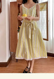 Vevesc  French Floral Print Sleeveless Dress Women Spliced Lace Bandage Waist A-line Long Dresses Summer Fairy Sweet Beach Robe