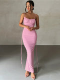 Vevesc Spaghetti Strap Backless Ruched Maxi Dress For Women Robe Sleeveless Wrap Hip Bodycon Party Long Dress Vestidos