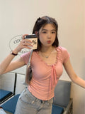 Vevesc Sweet Cute Flower Print Ruffles TshirtsY2k Aesthetic Pleated Bandage Bow Crop Top Summer Slim Fairy Grunge Kawaii Women T-shirts