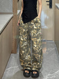 Vevesc Autumn Winter New Low Rise Jeans Y2k Ladies American High Street Baggy Pants Woman Camouflage Drawstring Mop Jeans for Women
