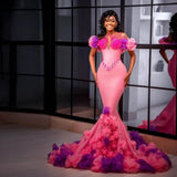 Vevesc Aso Ebi Stylished Colorful Floral Mermaid Evening Dresses Pink &Purple Bloom Beaded Long African Evening Gowns