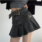 Vevesc  Denim Pleated Mini Skirt Vintage Sexy High Waist A-line Belt Women Embroidery Jean Short Skirt Summer Japanese Y2k