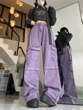 Vevesc American Vintage Purple Multiple Pockets Denim Pants Autumn High Waist Trousers Y2k E-Girl Loose Straight Wide Leg Pant