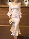 Vevesc Elegant Satin Midi Dresses for Women Long Sleeve Slim Mermaid Autumn Spring Evening Party Dress Prom Robe Wedding Vestidos New