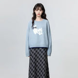 Vevesc Blue O Neck Sweaters Bow Pullovers Cartoon Cat Sueter Mujer Oversize Y2k Long Sleeve Preppy Style Japanese Women Sweet Kawaii