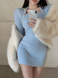 Vevesc Winter Blue Sexy Slim Bodycon Dress Woman Korean Fashion Elegant Knitted Dress Short Party Y2k Mini Dress Office Lady Chic