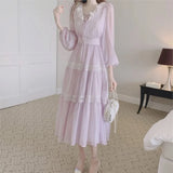 Vevesc  French Vintage Fairy Midi Dresses for Women Lantern Sleeve High Waist V-neck A-line Princess Party Dress Casual Female Vestidos