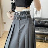 Vevesc Solid Color Pleated Skirts Women Fashion High Waist Preppy Style Long Skirt Womens Korean Chic Street A-line Skirt Fall