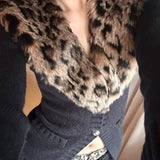 Vevesc Japanese Leopard Knitted Cardigan Sexy Vintage Y2k V-neck Sweaters Long Sleeve Autumn Winter Streetwear Slim Cardigan