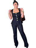 Vevesc  Vintage Women's Denim Sleeveless Set Crop Top With Chic Buttons Matching High Waist Slim Fit Jeans Casual Streetwear Outfits