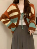 Vevesc Fashion Sweet Bandage Tender Sweaters Women Y2k Aesthetic Contrast Color Striped Coats Vintage Casual Knitted Cropped Cardigans