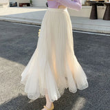 Vevesc  Spring Summer Women Skirts Solid Ruffles Mesh Korean Fashion Sweet Faldas Mujer A-line High Waist Chic Long Skirt