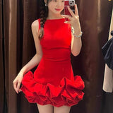 Vevesc Elegant Lady Ruffles Bud Hem Dress Fashion Sleeveless Slim Fit Bodycon Dresses for Women Coquette Cocktail Party Short Dress