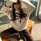 Vevesc Elegant Bow Sweaters Women Vintage Y2k Knitted Pullovers Autumn Winter Loose Long Sleeve Aesthetics Streetwear Jumpers