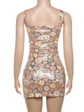 Vevesc  Sequins Mini Dress Women Flower Print Colorful Patchwork Skinny Backless Sleeveless Vacation Trend Elegant Sweet Outfits