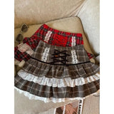 Vevesc Kawaii Ruffle Lace Plaid Skirts Women Sweet Elegant Mini Skirt Cutecore Autumn Winter Patchwork A-line Short Skirts