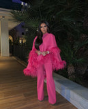 Vevesc Modest Fuchsia Stretchy 2 Pieces Women Sets To Formal Event Party Feather Edge Women Maxi Gowns Fashion Prom Dress