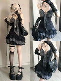 Vevesc Fashion Harajuku High Street Sexy Sling Dress Punk Japan Y2k Aesthetic Patchwork Lace Gothic Girl Clothing Tiered Slim Colithes