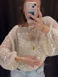 Vevesc  Sequins Hollow Out Pullovers Women Casual Loose Round Neck Full Sleeve Female Crop Tops Spring Summer See Through Lady Outerwear