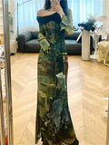 Vevesc Elegant Vintage Green Print Dresses Y2k Skew Collar Long Sleeve Dress for Women Spring New Slim Fit Bodycon Vestidos Mujer