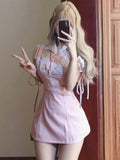 Vevesc Pink Sweet Kawaii Two Piece Set Women Korean Fashion Party Mini Dress Set Female Bow Lace Tops + Cute Princess Dress Suit