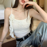 Vevesc High Street 3d Flower Splicing Casual Mesh Camisole Women 2024 Spring New Off-shoulder Sexy Slim Ruffled Solid Color Crop Tops