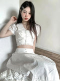 Vevesc Harajuku Two Pieces Set Sweet Lace Patchwork 3D Flower Pleated Blouse Crop Tops Women Y2k Aesthetic Ruffled Grunge Skirt Suit