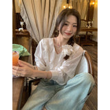 Vevesc Sweet Ruffles Shirts Women Korean Pink V Neck Long Sleeve Blouses Summer Ladies Fashion Elegant Loose Casual Chic Tops New