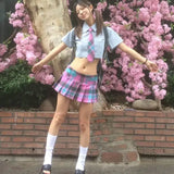 Vevesc Harajuku Preppy Style Spliced Color Plaid Low Waist Skirts Americn Vintage Y2k Aesthetic Pleated Clothes Punk Streetwear Skirt