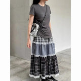 Vevesc Japanese Plaid Striped Ruched Patchwork Skirts Vintage Women Mid Length High Waist A-line Y2k Streetwear Cake Skirt